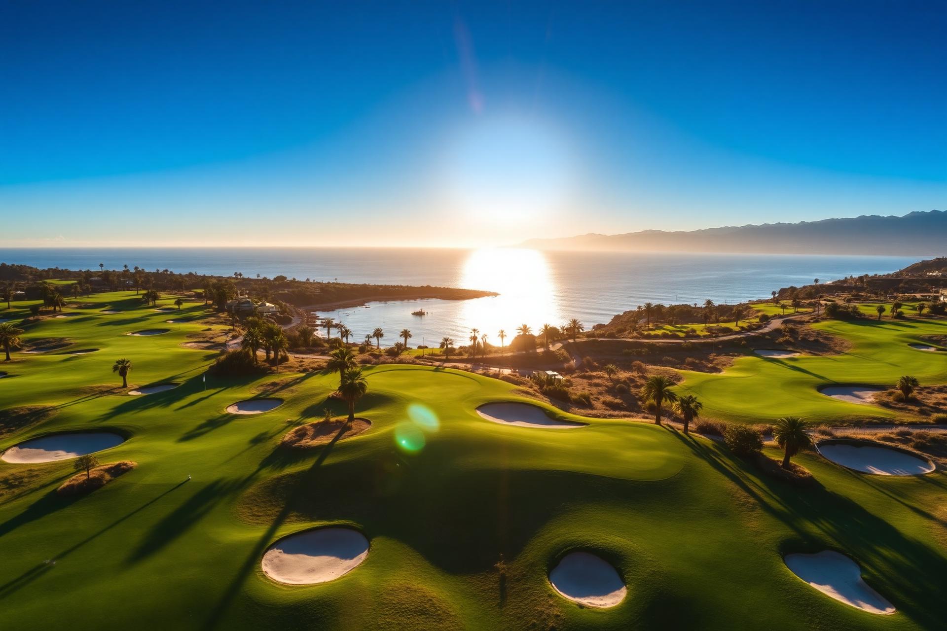 Aerial view of a luxury golf course on the Andalusian coast at golden hour